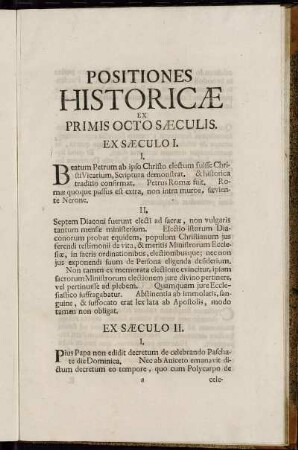Positiones Historicæ ex Primis Octo Sæculis.