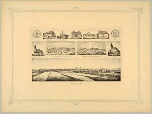 Bilderbogen mit drei Stadtansicht von Mügeln (von 1677, 1709 und 1885), sieben Gebäuden (Schulen, Rathaus u. w.) und zwei Wappen (Stadtwappen und königl. sächs.)