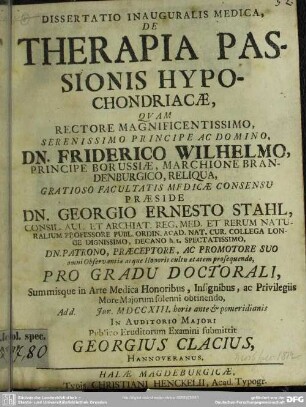 Dissertatio Inauguralis Medica, De Therapia Passionis Hypochondriacae