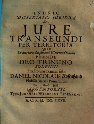 Dissertatio iuridica de iure transeundi per territoria