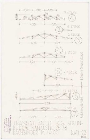 Büro- und Wohngebäude mit Fabrikationshalle der Transatlantic K.G. H. Bernhardt u. CO., Berlin-Rudow, auf dem Gelände Berlin-Rudow, Kanalstraße 76, 78: Dachbinder 1:100