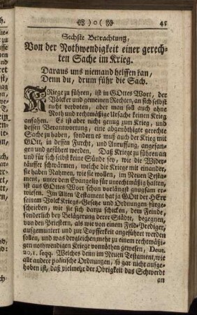 Sechste Betrachtung, Von der Nothwendigkeit einer gerechten Sache im Krieg.