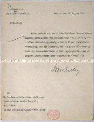 Anschreiben des Direktoriums der Reichsgetreidestelle zur Versendung einer Brotgetreideverordnung