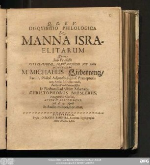 Disquisitio Philologica De Manna Israelitarum