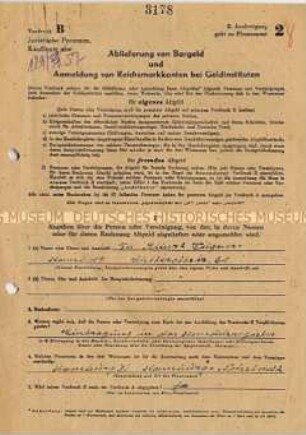 Ausgefülltes Formular zur Währungsreform 1948