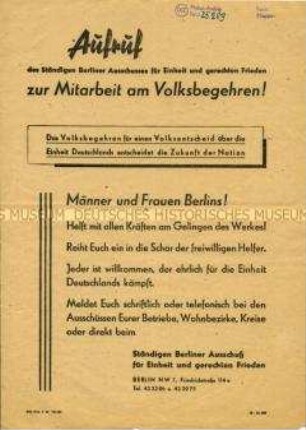 Aufruf des Ständigen Berliner Ausschusses für Einheit und gerechten Frieden zur Durchführung des Volksbegehrens 1948
