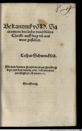 Bekanntnuß vom heiligen Sacrament des Leibs und Bluts Christi