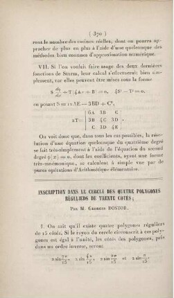 Inscription dans le cercle des quatre polygones réguliers de trente cotés.