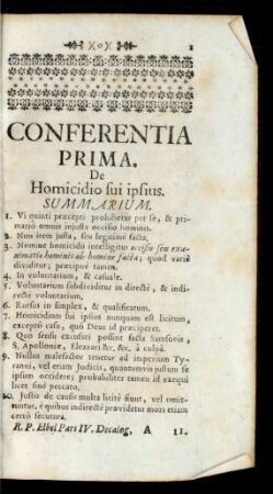 Conferentia Prima. De Homicidio sui ipsius