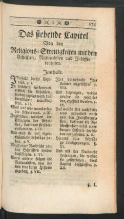 Das siebende Capitel Von den Religions-Streitigkeiten mit den Atheisten, Naturalisten und Indifferentisten