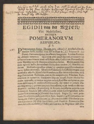 Egidii van der Mylen/ ... Antiqua Pomeranorum Respublica.