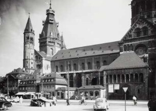 Mainz, Dom Sankt Martin und Stephan, Ansicht von Nordwesten über den Markt