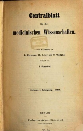 Centralblatt für die medicinischen Wissenschaften. 7. 1869
