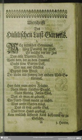 Uberschrifft Des Him[m]lischen Lust-Gartens