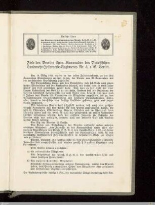 Ziele des Vereins ehem. Kameraden des Preußischen Landwehr-Infanterie-Regiments Nr. 3, e.V. Berlin