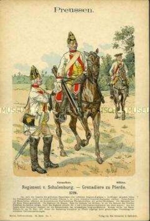 Uniformdarstellung, Grenadiere und Offizier des Grenadier-Regiments zu Pferde, Königreich Preußen, 1729.