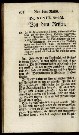Der XCVIII. Artickel. Von dem Reisen.