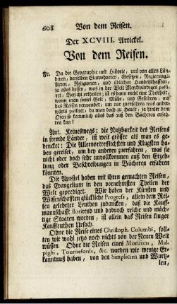 Der XCVIII. Artickel. Von dem Reisen.
