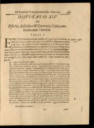 Disputatio XLV. De Effectis, Adsinibus & Contrariis, Fideicommissorum Familiae