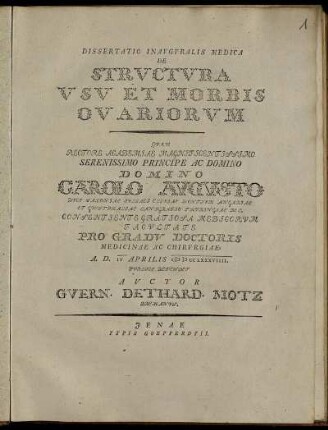 Dissertatio Inavgvralis Medica De Strvctvra Vsv Et Morbis Ovariorvm