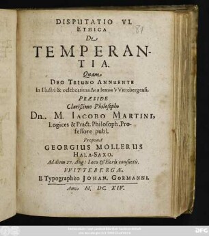 Disputatio VI. Ethica De Temperantia