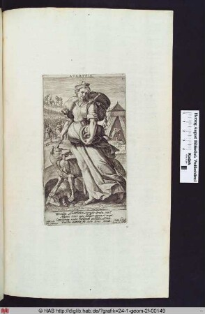 Avarita im Vordergrund, hinten links Ahab, der Naboth um den Weinberg bittet und Naboth, der durch eine List von Ahabs Frau gesteinigt wird, hinten rechts vergräbt Achan gestohlenes Gut.