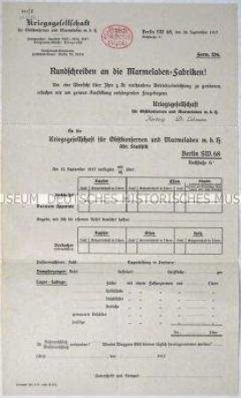 Vordruck eines Fragebogens der Kriegsgesellschaft für Obstkonserven und Marmeladen an die Marmeladenfabriken