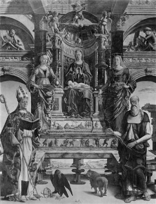 Thronende Maria mit Kind und vier Heiligen