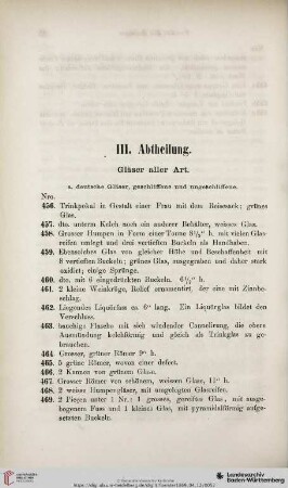 III. Abtheilung: Gläser aller Art (Nro. 456 - 678)