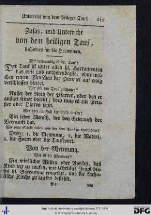 Zusatz, und Unterricht von dem heiligen Tauf, besonders für die Hebammen.