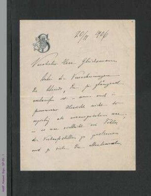 Brief, von Bertha von Suttner an Heinrich Glücksmann hs.