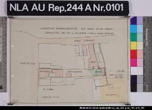 Lageplan des Rathausgartens an der Marktstraße in AURICH mit Einzeichnung eines Bunkers Handzeichnung von NN., hrsg. vom Stadtbauamt Aurich Pergamin Format 63,0x36,4 M 1:500