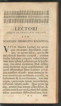 Lectori Aequo Ac Veritatis Amanti S. P. D. Ioannes Georgius Knappius.