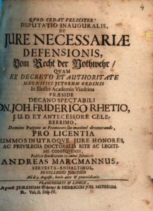 Disp. inaug. de iure necessariae defensionis vom Recht der Nothwehr