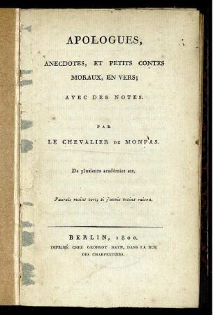 Apologues, Anecdotes, Et Petits Contes Moraux, En Vers : Avec Des Notes