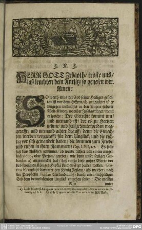 Leichenpredigt : Die herrlich ausgeführte Sache einer gläubigen Seele. Leichtext, Eingang, Tractatio, Applicatio & Usus