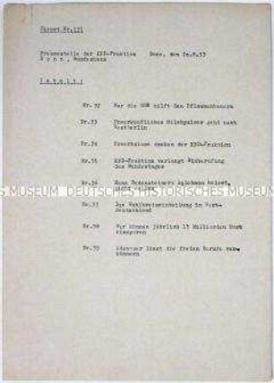 Materialsammlung der Pressestelle der KPD-Fraktion im Bundeshaus u.a. zur deutschen Frage