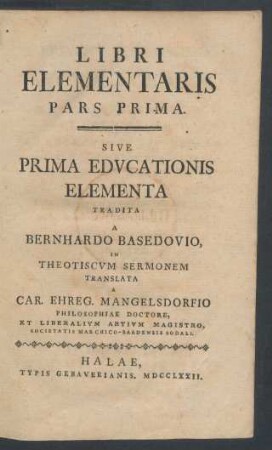 Libri Elementaris Pars ... Sive Prima Edvcationis Elementa