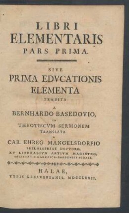 Libri Elementaris Pars ... Sive Prima Edvcationis Elementa