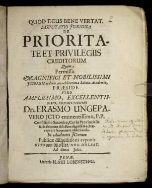 Disputatio Iuridica De Prioritate Et Privilegiis Creditorum
