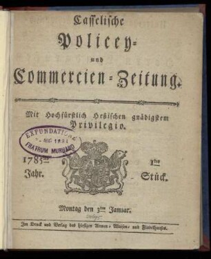 1tes Stueck, Montag den 3ten Januar. 1785