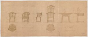 Thiersch, Friedrich von; Glonn (Obb.); Schloss Zinneberg - Altes Schloss - Möbel für das Kneipzimmer im Weinkeller (Ansichten)