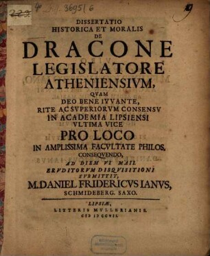 Dissertatio Historica Et Moralis De Dracone, Legislatore Atheniensivm [Atheniensium]