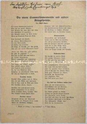 Flugblatt mit patriotischen Gedichten zum Ersten Weltkrieg