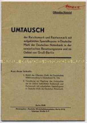 Broschüre mit offiziellen Dokumenten aus der Sowjetischen Besatzungszone zur Währungsreform 1948