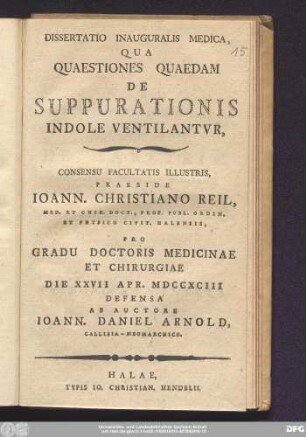 Dissertatio Inauguralis Medica, Qua Quaestiones Quaedam De Suppurationis Indole Ventilantvr
