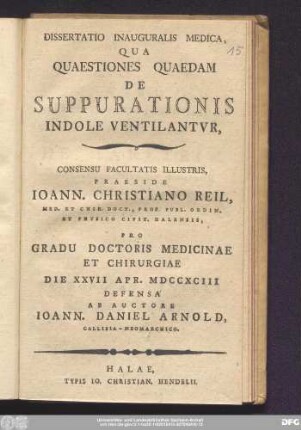 Dissertatio Inauguralis Medica, Qua Quaestiones Quaedam De Suppurationis Indole Ventilantvr