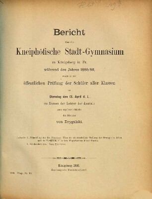 Bericht über das Kneiphöfische Stadt-Gymnasium zu Königsberg i. Pr. : während des Schuljahres .... 1885/86