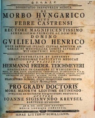 Dissertatio Inavgvralis Medica De Morbo Hvngarico Sive Febre Castrensi