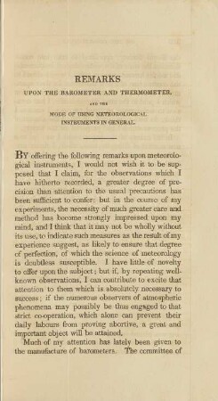 Remarks Upon The Barometer And Thermometer, And The Mode Of Using Meteorological Instruments In General.